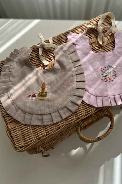 Hand Embroidered Ruffled Muslin Baby Bib for 0-2 Years | 100% Organic Cotton Gauze | Bunny