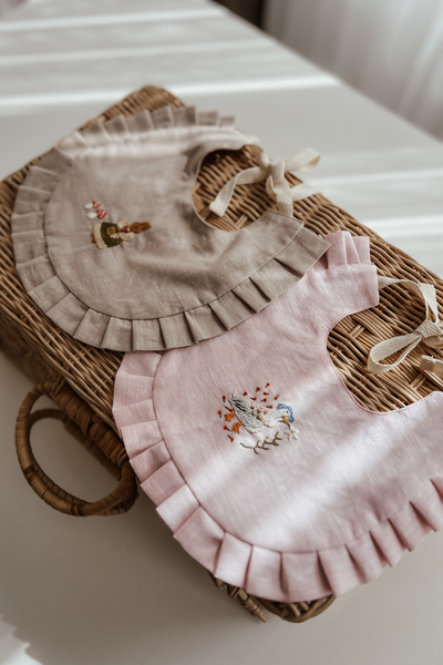 Hand Embroidered Ruffled Muslin Baby Bib for 0-2 Years | 100% Organic Cotton Gauze | Bunny