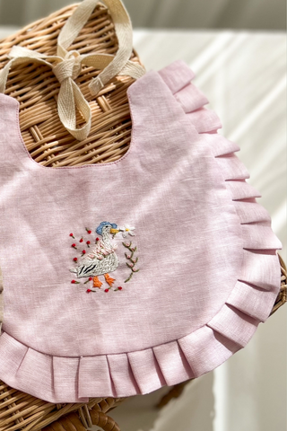Hand Embroidered Ruffled Muslin Baby Bib for 0-2 Years | 100% Organic Cotton Gauze | Duck
