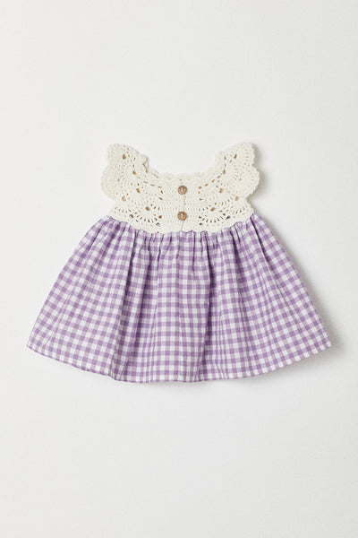 Handknitted Gingham Dress | Lilac | Made with Organic Cotton Yarn