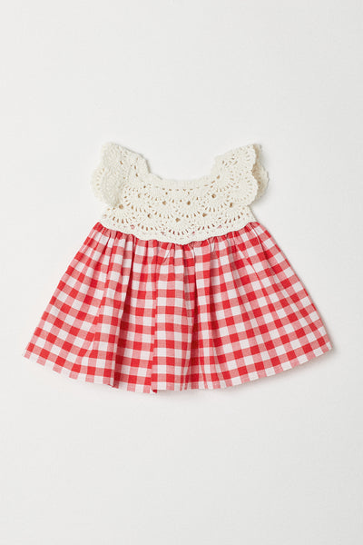 Handknitted Gingham Dress | Red | Made with Organic Cotton Yarn