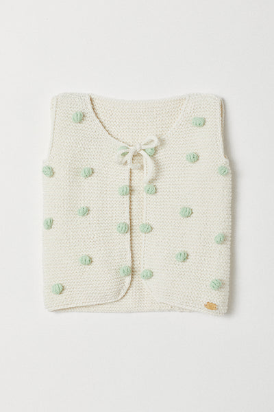 Handknitted Pom Pom Vest | White | Made with Organic Cotton Yarn