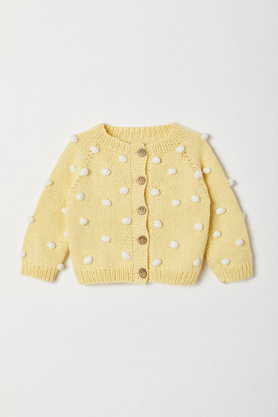 Handknitted Pom Pom Cardigan | Yellow | Made with Organic Cotton Yarn