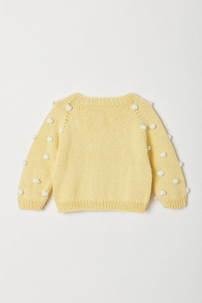 Handknitted Pom Pom Cardigan | Yellow | Made with Organic Cotton Yarn