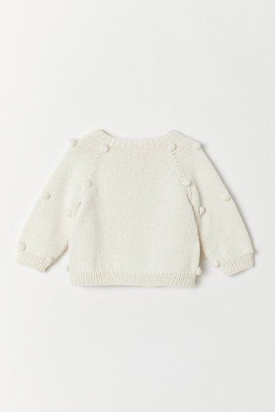 Handknitted Pom Pom Cardigan | White | Made with Organic Cotton Yarn