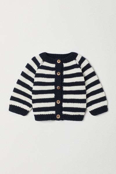 Handknitted Striped Cardigan | Navy | Made with Organic Cotton Yarn