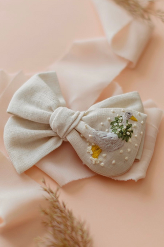 Handmade Linen Goose Embroidered Bow Hair Clip